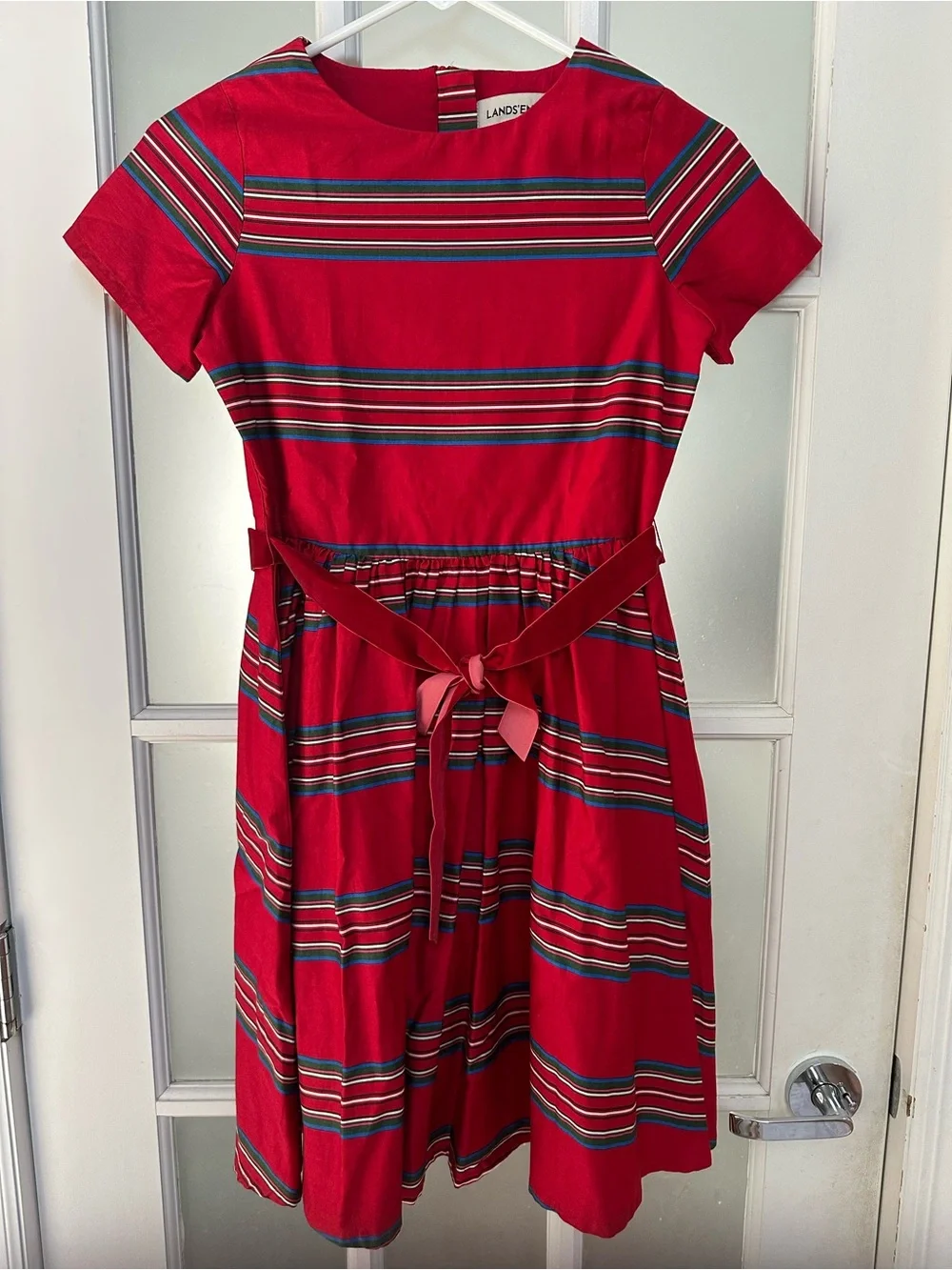 Lands’ End Girls Red Cotton Dress with Stripes, size 12